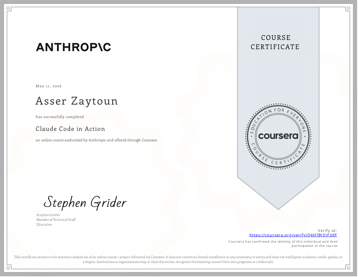 Anthropic Claude Code in Action Certificate