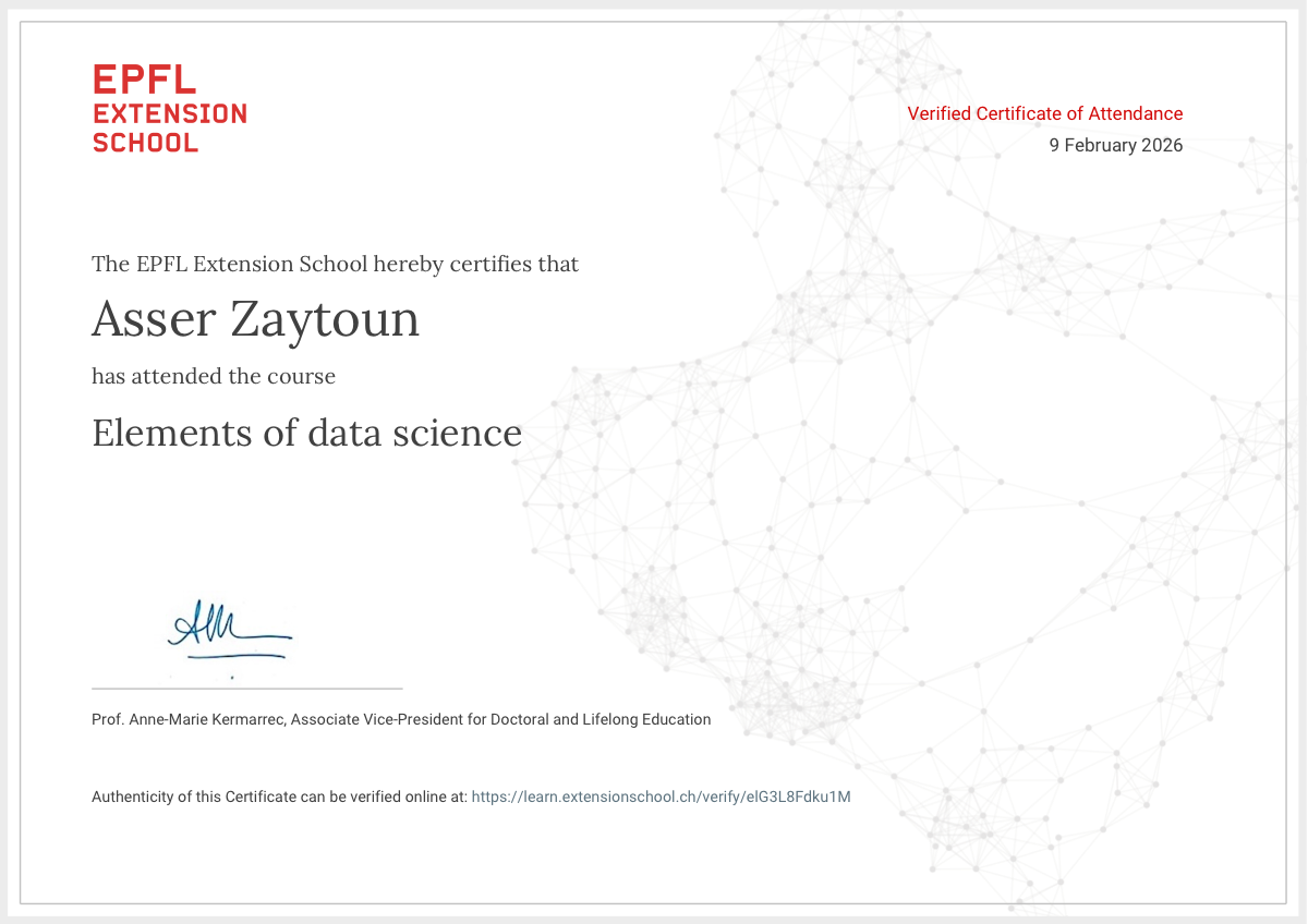 EPFL Extension School Elements of Data Science Certificate